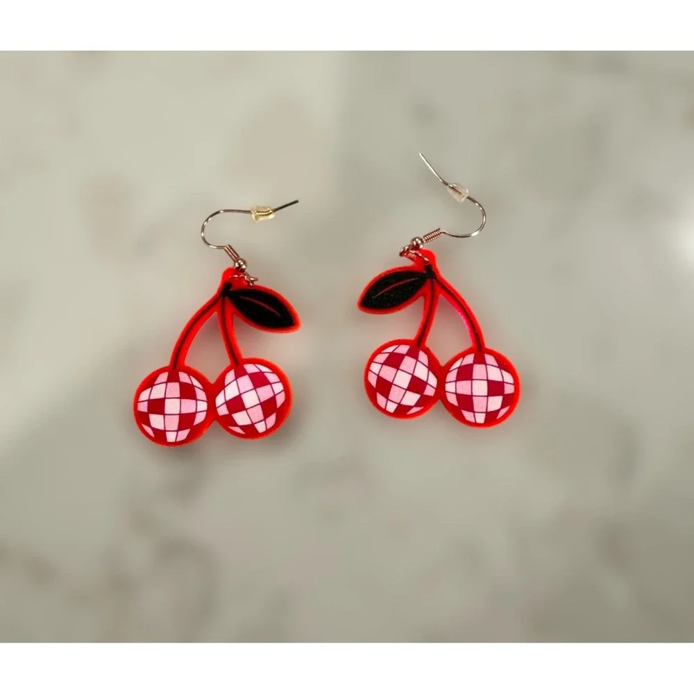 Checkerboard Cherry Earrings Funky Fruit‎ Dangle Drop Statement Jewelry Y2K